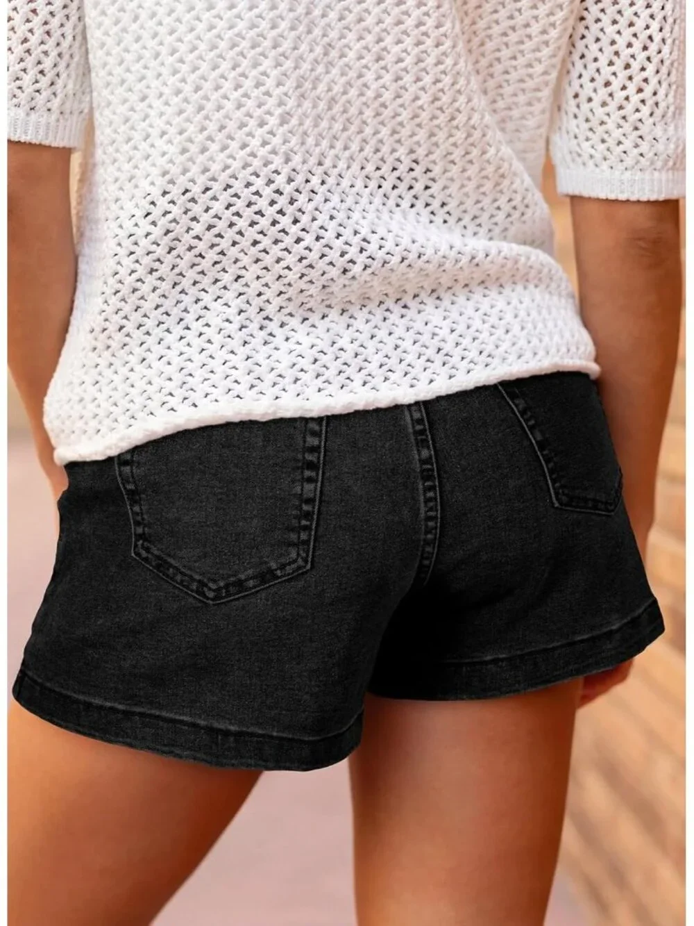 Women's Black High Waisted Stretchy Shorts Double Button Denim Jean Shorts